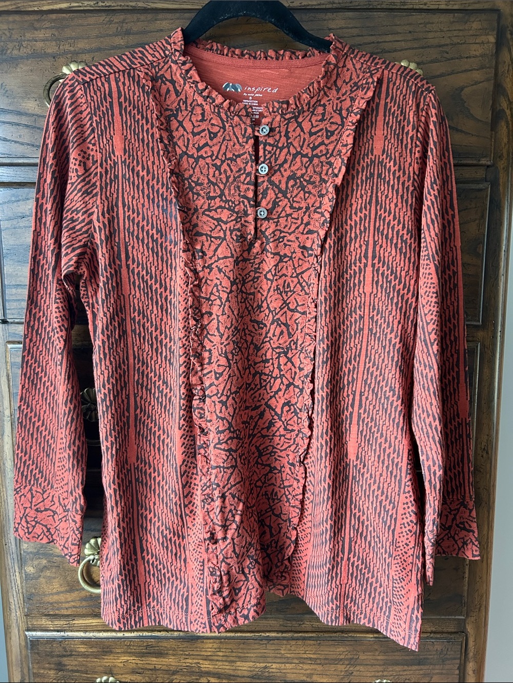 Inspired Printed Cotton Rust and Black Henley Ruffle Tunic, Size S